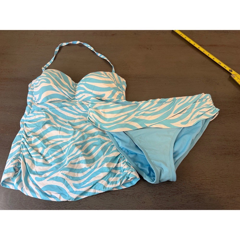 Bleu Rod Beattie Light Blue Zebra Print Tankini Set Halter Top & Bottoms Size 12